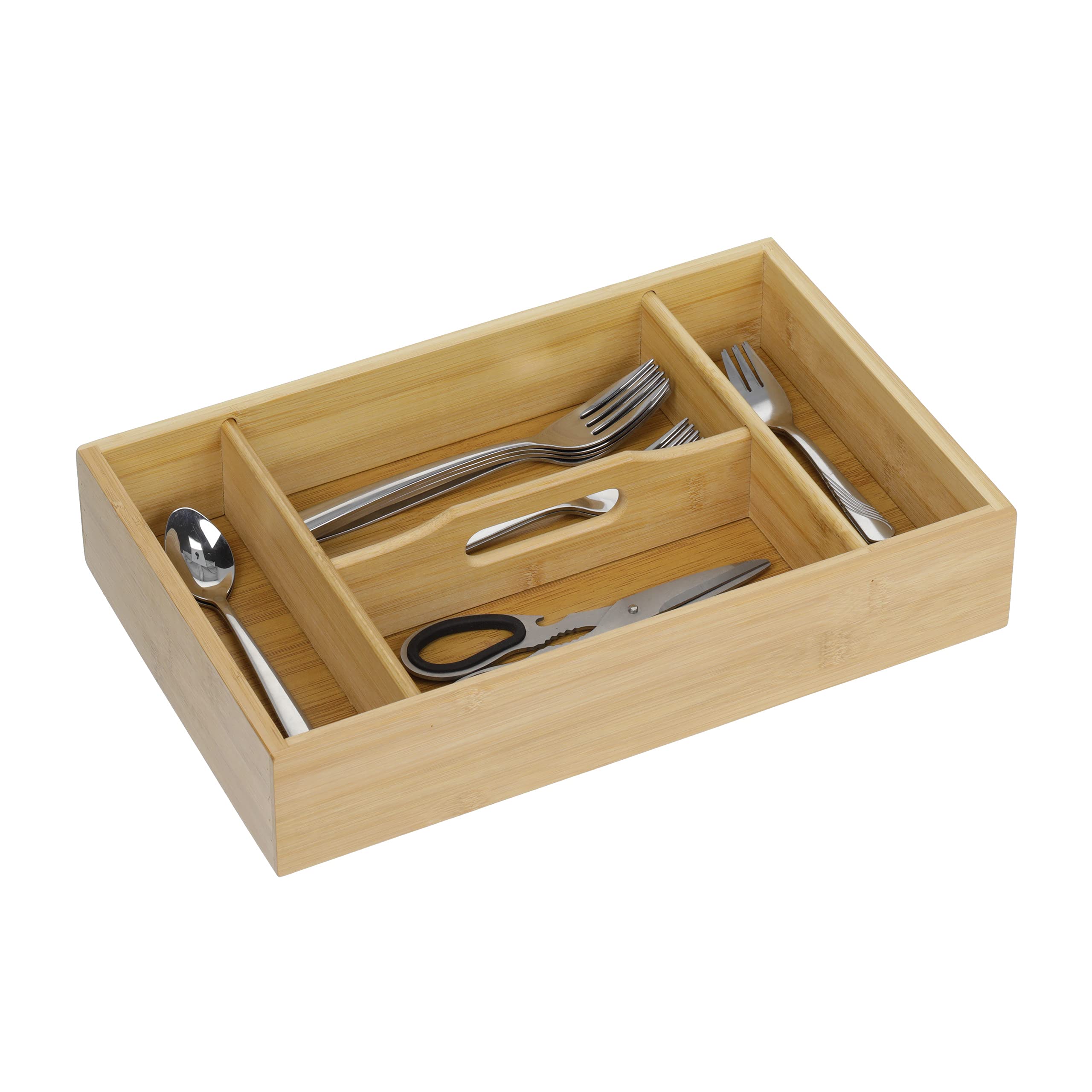 Relaxdays Kitchen Drawer Organiser with Handle, 7 x 23 x 37 cm, with 4 Compartments, Bamboo Cutlery Tray, Brown