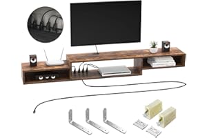 FABATO 71" Floating TV Stand with Power Outlet Wall Mounted Media Console Cabinet Shelf Under TV for Cable Box Audio Video Rustic Brown