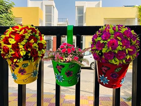 RVs Garden Flower Pasted Metal Bucket Railing Planter Metal Bucket Flower Holders with Detachable Hooks for Hanging (Yellow)