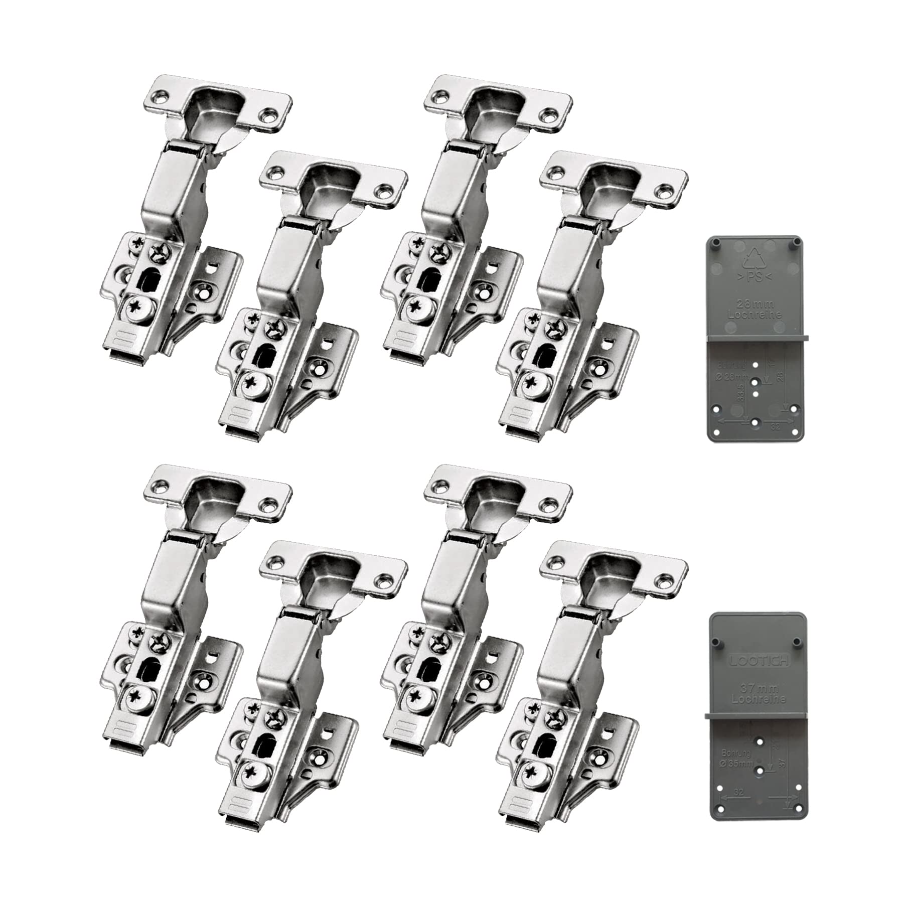 LOOTICH 95 Degree 3-Way Adjustment Clip-on Inset 35mm Soft Close Hinges with Hydraulic Damper for Kitchen Cabinet Cupboard Wardrobe Door Automatic Hinges with Drilling Template Pack of 8