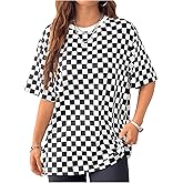 SOLY HUX Women's Checkered Shirts Oversized T Shirts Casual Trendy Short Sleeve Crew Neck Tee Tops