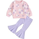 PUHHAPIEY Baby Girl Fall Winter Clothes Floral Knit Crewneck Sweatshirts Flare Pants Set Toddler Bell-Bottoms Outfits