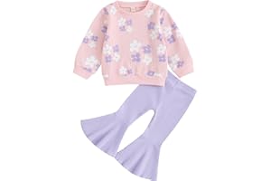 PUHHAPIEY Baby Girl Fall Winter Clothes Floral Knit Crewneck Sweatshirts Flare Pants Set Toddler Bell-Bottoms Outfits