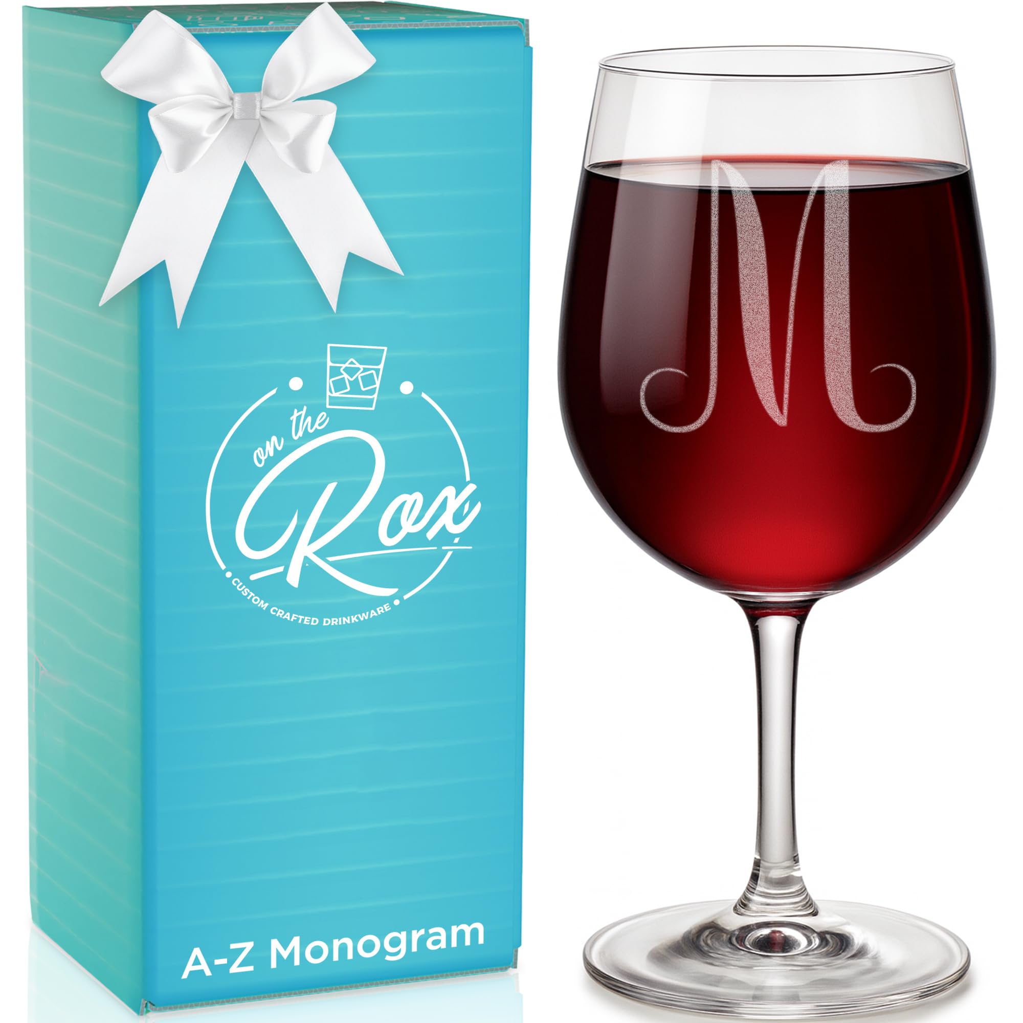 On The Rox Drinks Monogrammed Gifts for Women - A-Z Personalized Wine Glasses Engraved- 12.75 Oz (M)