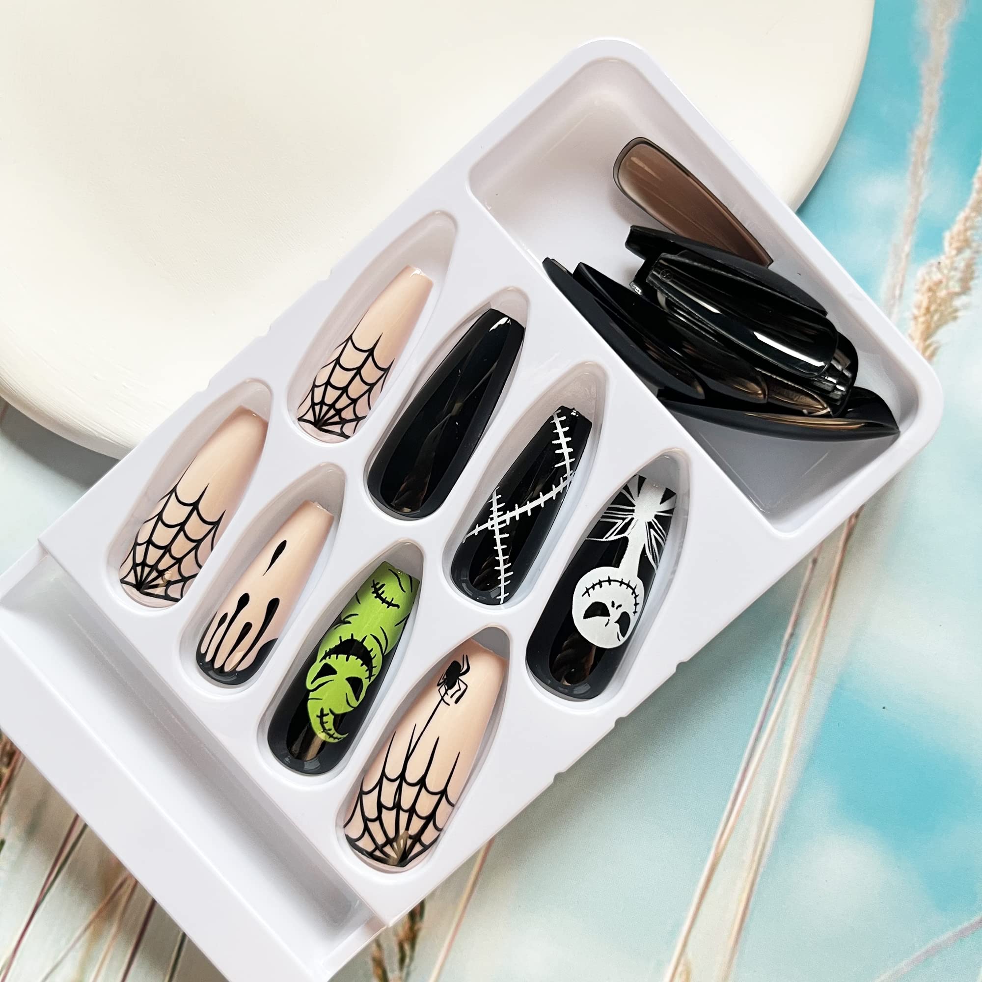 Halloween Press on Nails Long Coffin Spider Web Full Cover Fake Nails Nightmare Before Christmas Press on Nails Black Blood Stick on Nails Acrylic Nails for Women Men Girls - Image 5