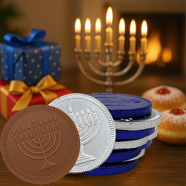 THE DREIDEL COMPANY 12-PACK BLUE & SILVER HANUKKAH MESH BAGS MILK CHOCOLATE COINS, HANUKKAH DESIGN GELT, NON GMO, KOSHER CERTIFIED OU-D