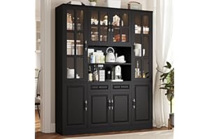 MEISSALIVVE Kitchen Pantry Storage Cabinet with LED Lights, 78.7" Tall Pantry Cabinet with Glass Doors & Drawers, Utility Pantry Cabinet, Black (63" W x 15.7" D)
