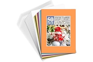 Golden State Art Pack of 50 Mixed Colors Pre-Cut 11x14 Picture Mat for 8x10 Photo with White Core Bevel Cut Mattes Sets. Incl