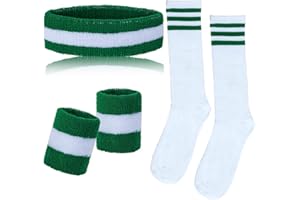 Sucrain 5 Pieces Striped Sweatbands and Socks Set, Sports Sweatbands Wrist Sweat Bands Red, White& Blue High Tube Socks 80s Accessories Costumes for Men Women