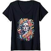 Womens De Los Muertos La Catrina Day of The Dead Sugar Skull Women V-Neck T-Shirt
