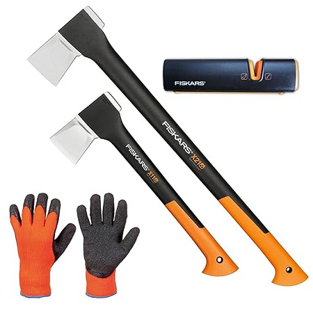 FISKARS© Set Spaltaxt X21 - L + X11 - S + Xsharp Axt- und Messerschärfer + Handschuhe