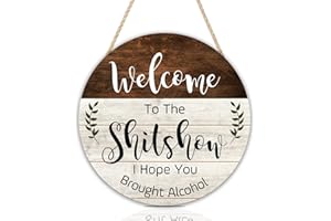 CHDITB Welcome to the Shitshow Wood Door Sign, Alcohol Shitshow Rustic Wall Door Hanging Sign(12”x12”), Funny Welcome Wall Hanging Sign Plaque for Front Door Entryway Porch Bar Pub Farewell Party