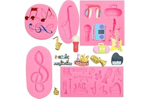 Music Note Fondant Mold 4 Pcs, Musical Instruments Chocolate Silicone Mold Piano Saxophone Boombox Microphone Radio Guitar Mo