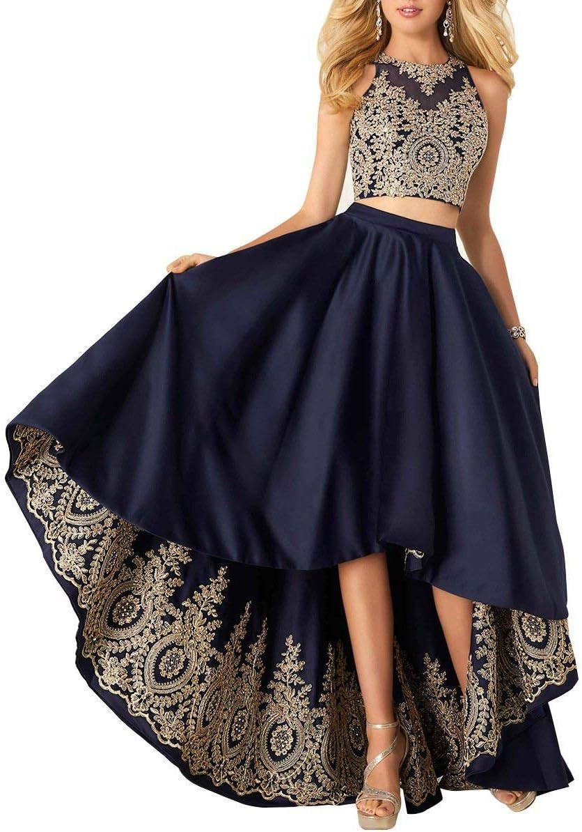 Women's Hi-Low Dress Satin Lace A-Line Two Piece Prom Gown With Pockets