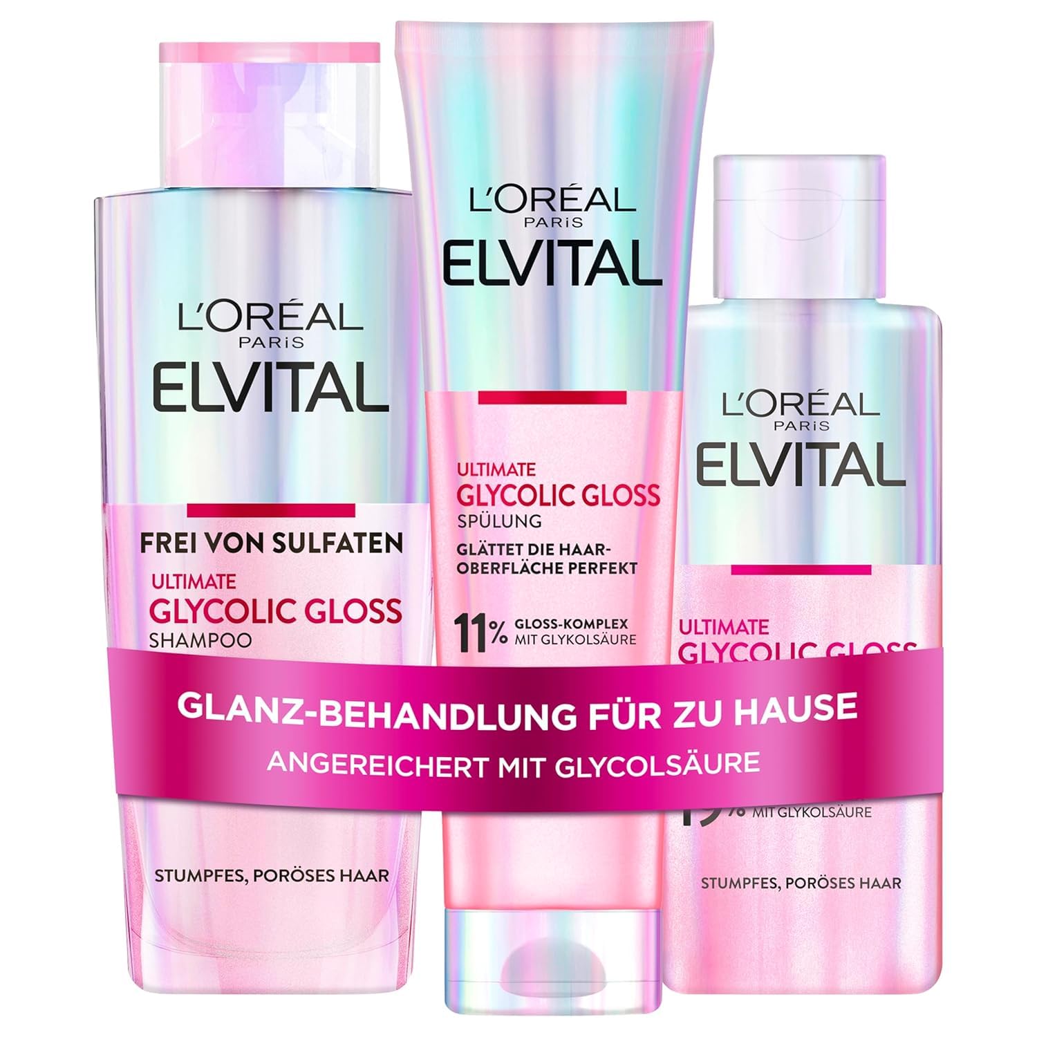 L'Oréal Paris Elvital Glycolic Gloss Bundle mit Shampoo, Spülung, 5 Minuten Haar-Laminierung für glanzloses Haar, Pflegeroutine für gesunde Haare und starken Glanz, Set mit Glykolsäure, 3-teilig