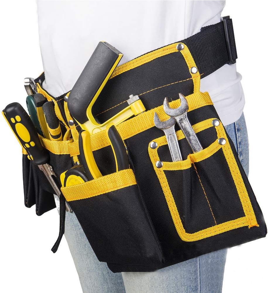11 Pocket Tools Belt Bags with Hammer Holder, Adjustable Waist Bag Multipurpose Utility Tool Pouch with Pockets for Tools, Yellow - - 