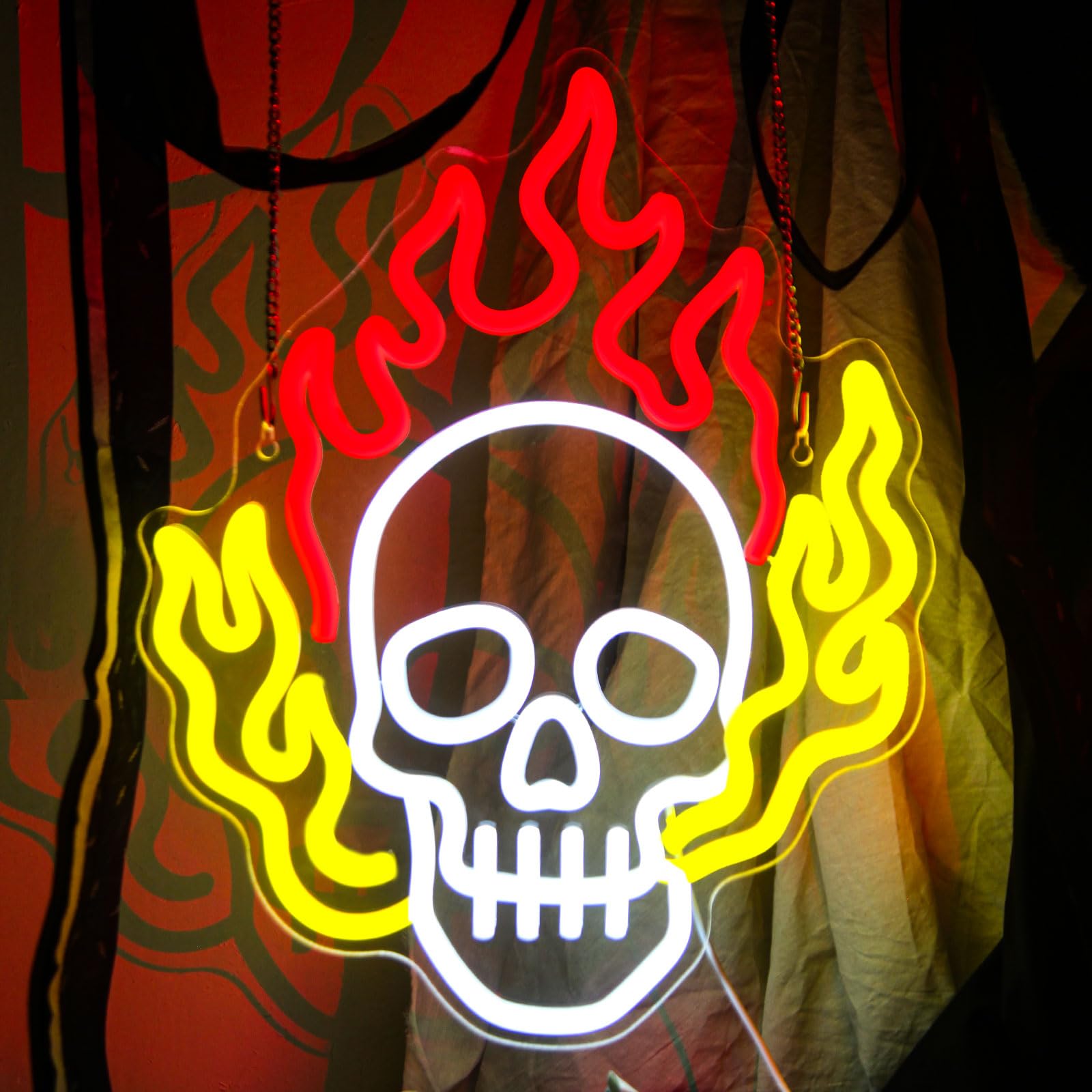 Photo 1 of Skull Neon Signs for Bedroom Dimmable Neon Halloween Sign Skull Fire Neon Signs Skeleton Head Wall Decor Skull Led Neon Light for Man Cave Club Game Room Halloween Party Decor Gifts