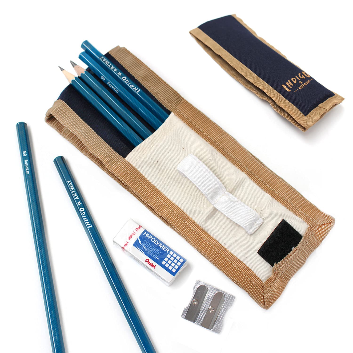 Artway Indigo Pencil Wallet Set - inc. 6 graded graphite pencils (HB-10B), pencil wallet, Pentel eraser and metal sharpener