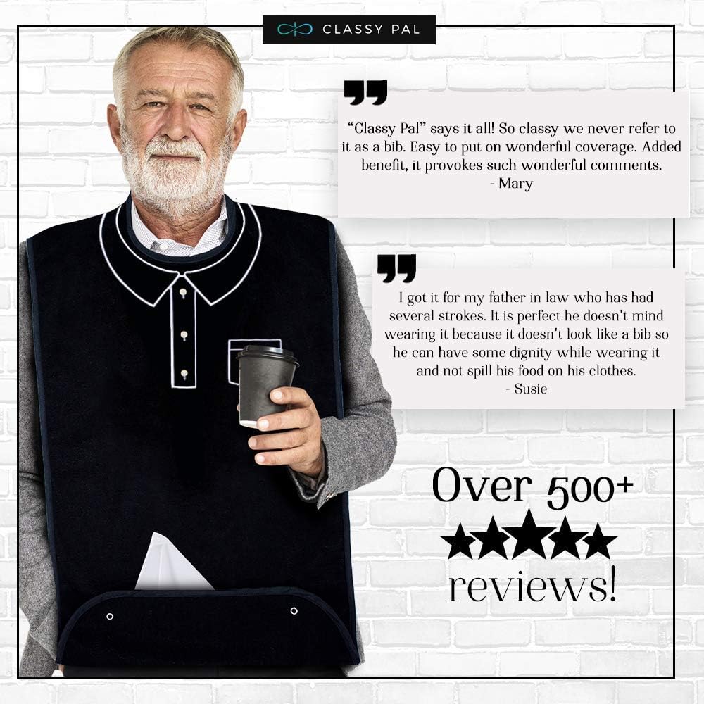 Classy Pal, Adult Bibs for Men, Dress ‘n Dine Clothing Protectors for Eating, Senior Adult Bib Terry Cloth Crumb Catcher, Embroidered Design, Waterproof, Reusable, Washable (Polo): Health & Personal Care