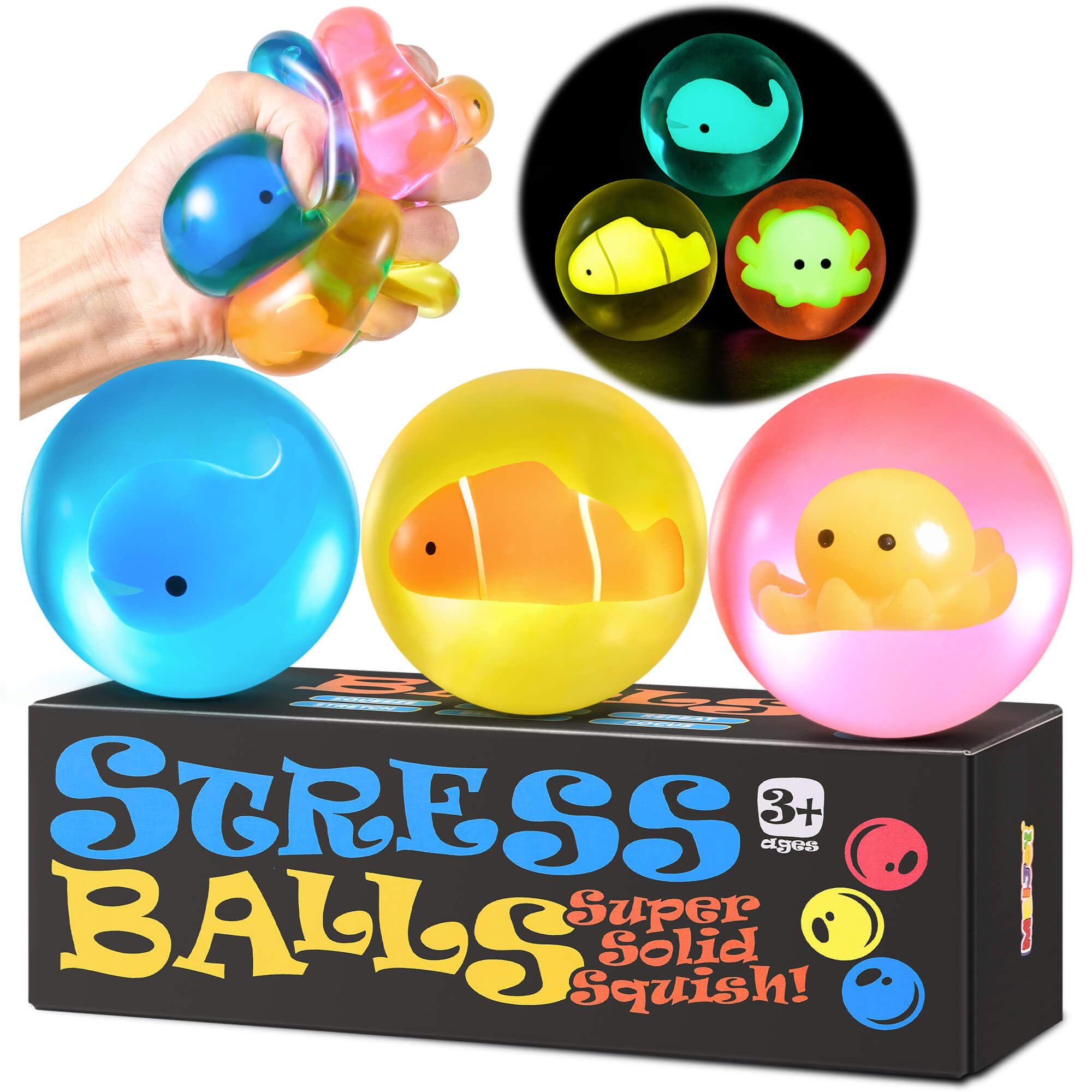 Stress Balls for Kids Adults - Squishy Fidget Toys Sensory Toys for Kids with Autism Glow in The Dark Squeeze Balls for Hand Therapy Squish Ball for Anxiety Stress Relief Easter Basket Stuffers