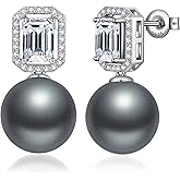 ZDaoBen Elegant Pearl Stud Earrings for Women, 925 Sterling Silver Cubic Zirconia CZ Large Pearl Earring Jewelry 12MM
