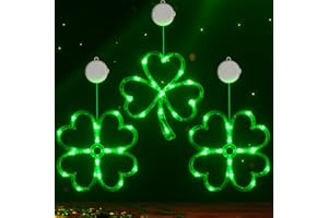 HERZILA St Patricks Day Decorations, LED Green Shamrock Window Decoration, 3 Pack St Patricks Day Lights with Timer for Home Party Windows Décor