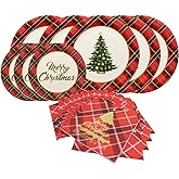 Gatherfun Christmas Party Supplies Christmas Tree Red Plaid Disposable Paper Dinner Plates Dessert Plates and Napkins for Party decorations, Serve 50