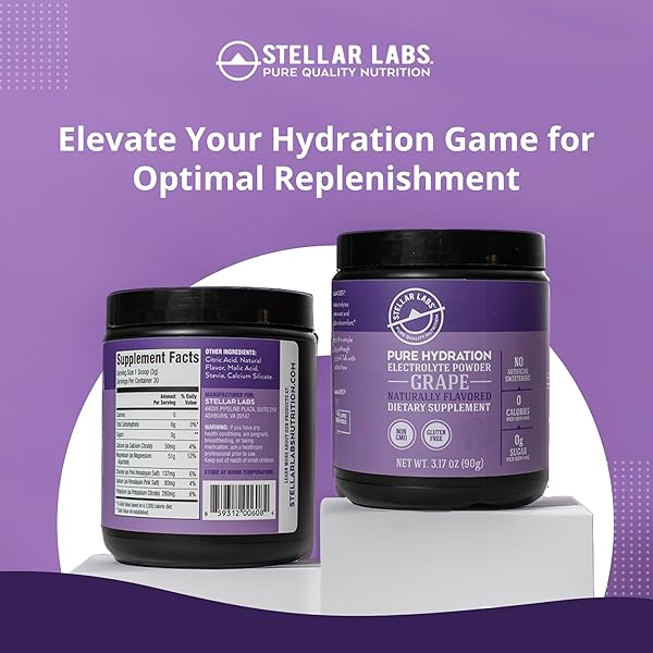 STELLAR LABS ELECTROLYTE POWDER NO SUGAR | LOW FODMAP HYDRATION MULTIPLIER POWDERED DRINK MIX | KETO FRIENDLY, SUGAR FREE, NON-GMO, GLUTEN FREE DEHYDRATION RELIEF | GRAPE, 30 SERVINGS