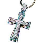 Mens Womens EXTRA LARGE Steel Cross Pendant Necklace with Cubic Zirconia and Wheat Chain