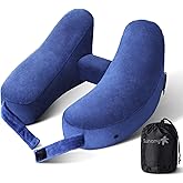 Sunany Neck Pillow for Travel Inflatable Airplane Pillow Comfortably Supports Head, Neck and Chin, Inflatable Travel Pillow with Soft Velour Cover and Portable Drawstring Bag (Blue)