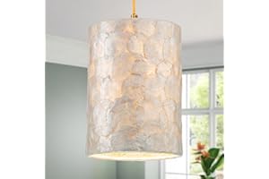 LumFurn 1-Light Capiz Shell Chandelier, Coastal Design, Modern Pendant Light Fixture for Dining Room, Living Room, Kitchen Island, D7 x H18~66"(Adjustable Height), Shell Lampshade & Gold Finish Frame