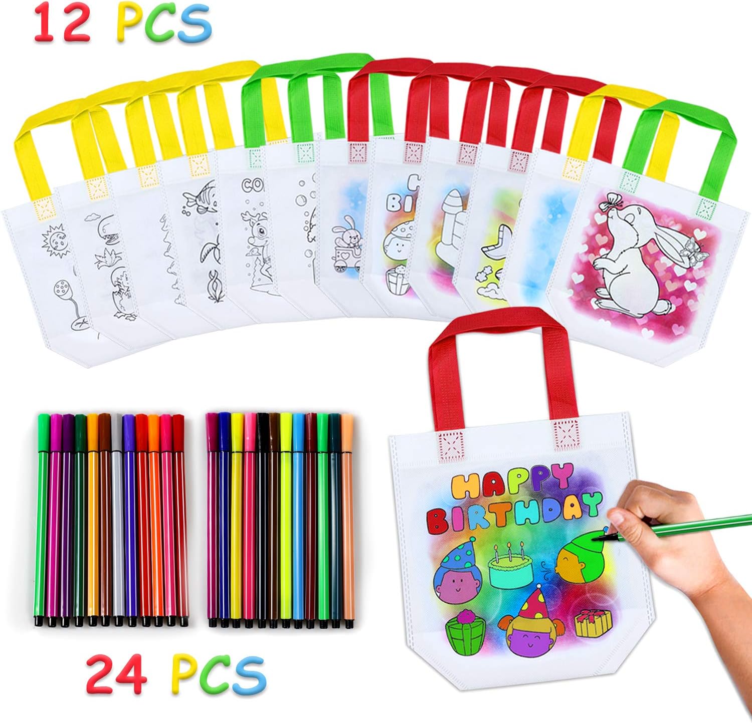 Yojoloin DIY Graffiti Bag for kids,12 PCS Non-Woven Graffiti Tote Double-sided Pattern Bag Reusable Shopping Bag…