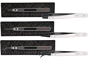 Anti-Static tweezers, Point Tip, Flat Head Blunt Tip, Curved Angled Tweezers, A set of 3