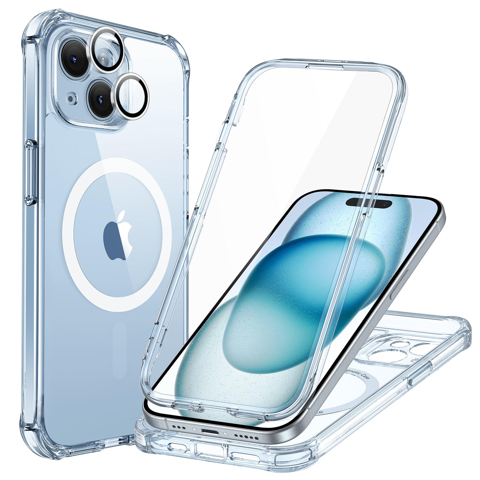 Photo 1 of ESR for iPhone 15 Case, Compatible with MagSafe, Full-Body Military-Grade Drop Proof Case with Built-in 9H+ Tempered Glass Screen Protector, Armor Series, Clear Blue