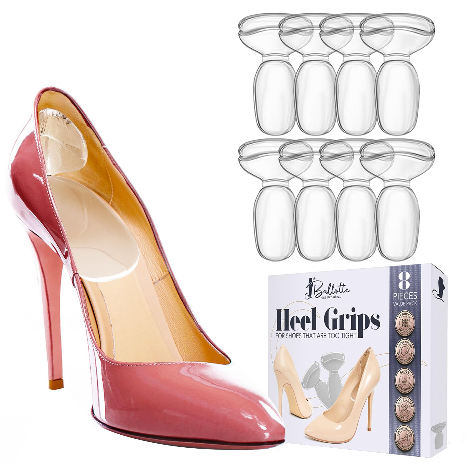Ballotte Premium Grade Silicone Heel Protector (Natural - 8 Pack) | Heel Grips/Heel Pads for Women Heels - Shoe Inserts for Shoes that are Too Big | High Heel Cushion Inserts Women