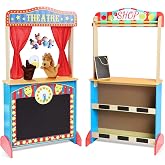 Wooden Puppet Theater for Kids, Double-Sided Play Store with Curtains | Curtains, Blackboard, Clock, 2 Hand Puppets and 4 Finger Puppets for Puppet Shows and Pretend Store Play, Ages 3+