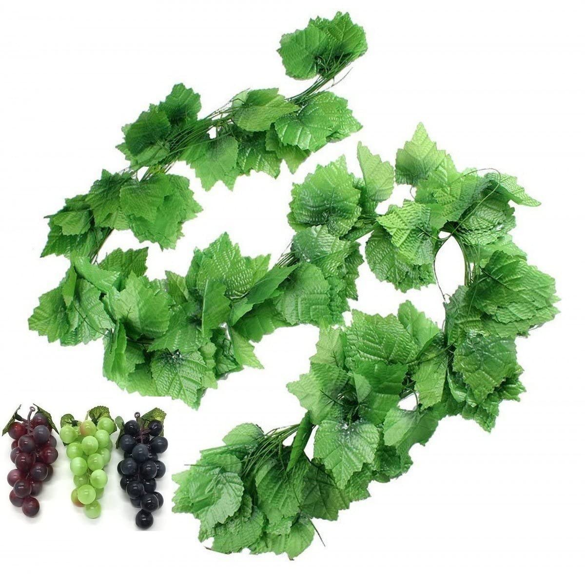 Hecaty 12 Strands Artificial Fake Grape Vines with 3 Strings Grapes, Hanging Plant Large Leaves Garland for Wedding Party Store Home Decor Indoor Outdoors (Grape and Garlands)