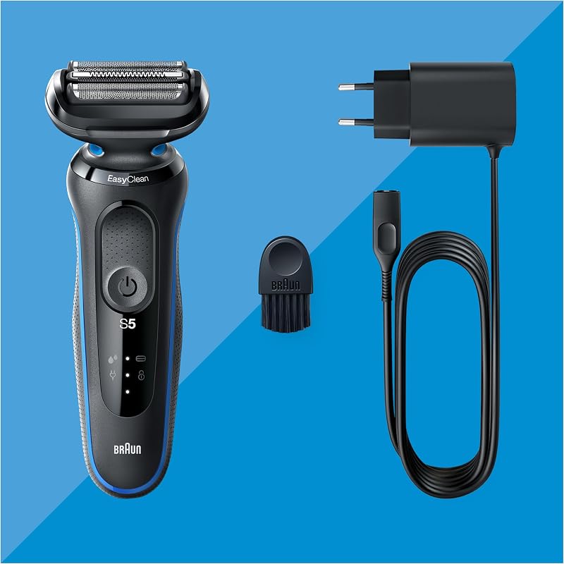 Barbeador elétrico masculino braun 51-b1000s série 5, máquina de barbear de barba easyclean, uso úmido e seco, recarregável, sem fio, azul