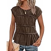 Cicy Bell Womens Cap Sleeve Peplum Tank Tops Summer Babydoll Smocked Cotton Shirts Casual Crew Neck Pleated Blouse