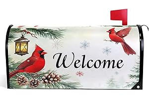 WAMIKA Welcome Winter Cardinal Birds Magnetic Mailbox Covers Christmas Snowflake Poinsettia Mailbox Cover Standard Size Full Magnet Garden Yard Porch Mail Boxes Cover Holiday Decorations 21" L x 18" W