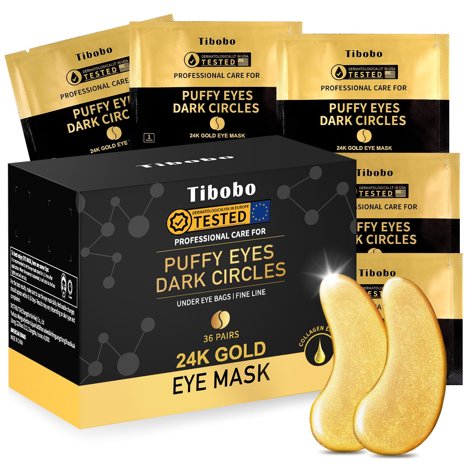 24K Gold Under Eye Patches, 36 Pairs Gel Eye Pads Skincare, Collagen Hyaluronic Acid, Against Dark Circles, Self Care Mask for Bags, Puffiness, Wrinkle Removal, Dermatologically Tested