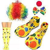 Weahre 5pcs Clown Costume Set Wig Nose Shoes BowTie Socks Fancy Dress Outfit for Halloween Carnival Cosplay Birthday Dress-Up Party