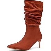 NEWBELLA Women's Stacked Mid-Calf Boots - Casual Pointed Toe Booties with Stiletto Heel for Fall Winter & Everyday Wear