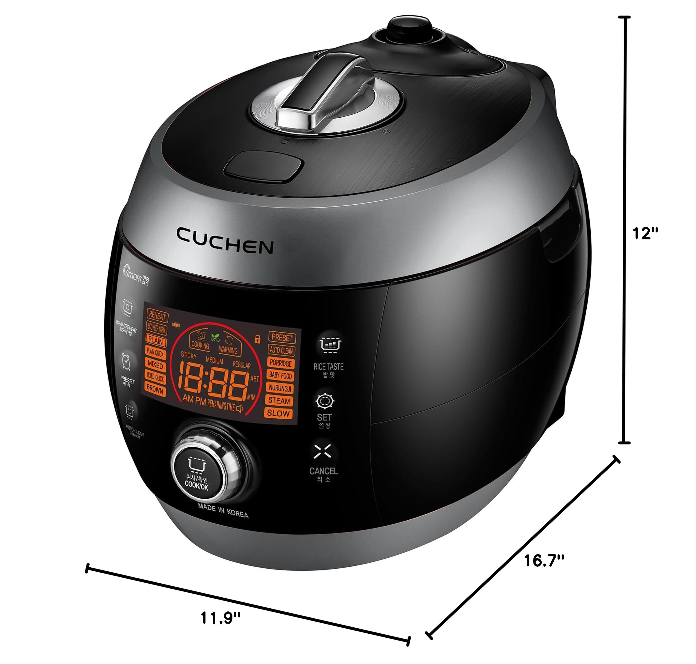 [CUCHEN] CJS-FD1004RVUS | Heating Pressure Rice Cooker 10 Cup (Uncooked) | Smart Jog Dial | Auto Steam Clean | Voice Guide | Made in Korea | Black/Dark Silver