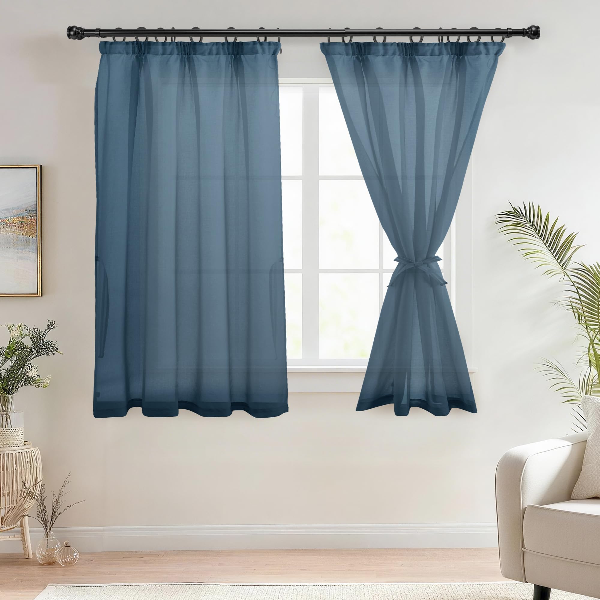 DWCN Voile Curtain Pencil Pleat Curtains with Tiebacks 54 Drop Sheer Curtains for Living Room Rod Pocket 2 Panels, Blue, W46 x L54 Inch
