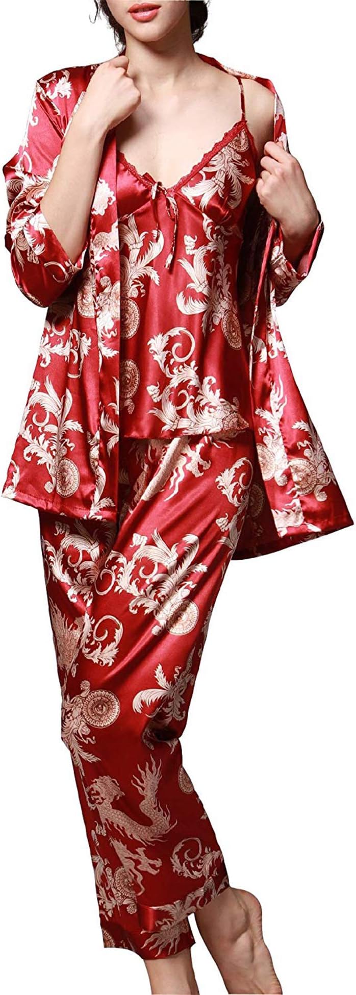 Silk Satin Pajamas Sleepwear Set Sexy Cami PJ Nightwear 3 Pieces