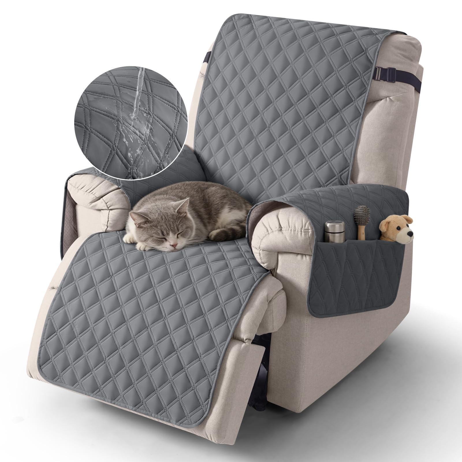 TAOCOCO Recliner Covers,1 Seater Recliner Slipcovers,Waterproof Recliner Sofa Protector,Armchair Covers with Pockets,Non Slip Reclining Sofa Covers,Arm Chair Covers for Pets/Dogs/Kids(Dark Grey) — image 1