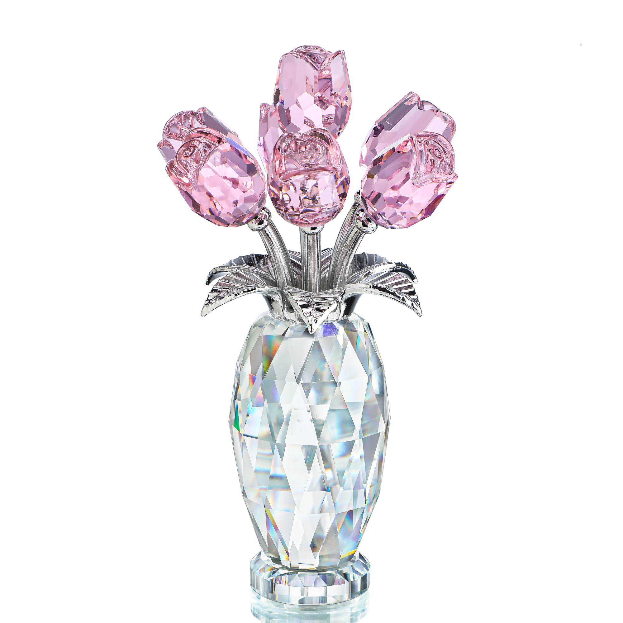 H&D HYALINE & DORA Pink Crystal Rose Bouquet Figurine, Handmade Rose Flower Gifts for Mom, Women; Glass Flower Collectible Ornament, Home Table Wedding Decor, Valentines Day Gift