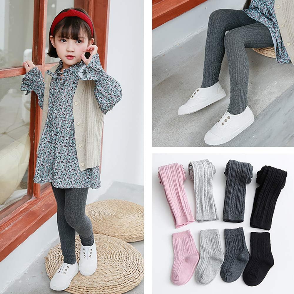 Girls Leggings Baby Toddler Tights Stockings Cable Knit Cotton Pants - 4 Pack Footless Tights & 4 Pairs Socks: Clothing