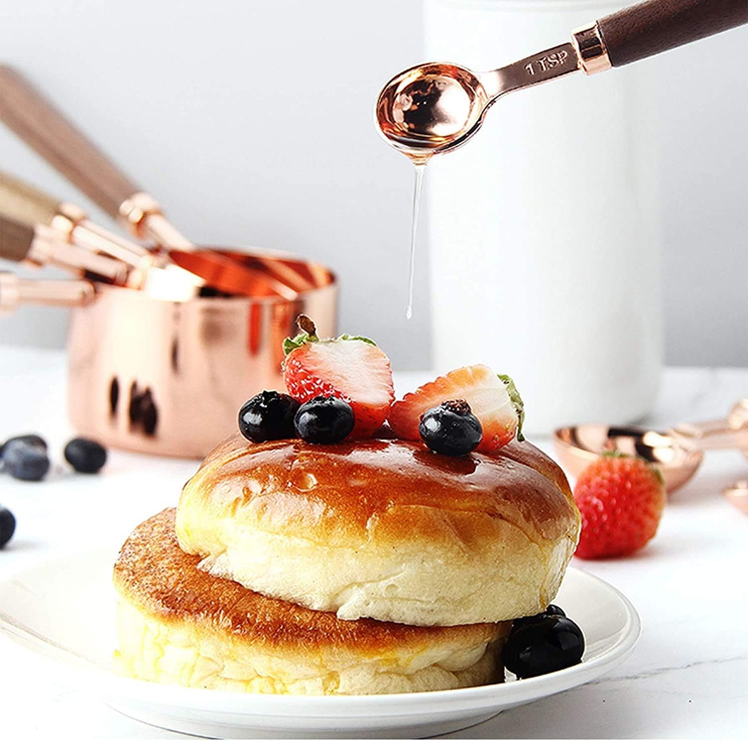 Fesino 8 Pcs Measuring Spoons and Cups Tool Set, Dual Scale Unit, Walnut Handle, Mirror Polished for Dry/Liquid Ingredients Kitchen Cooking Baking Set: Kitchen & Dining